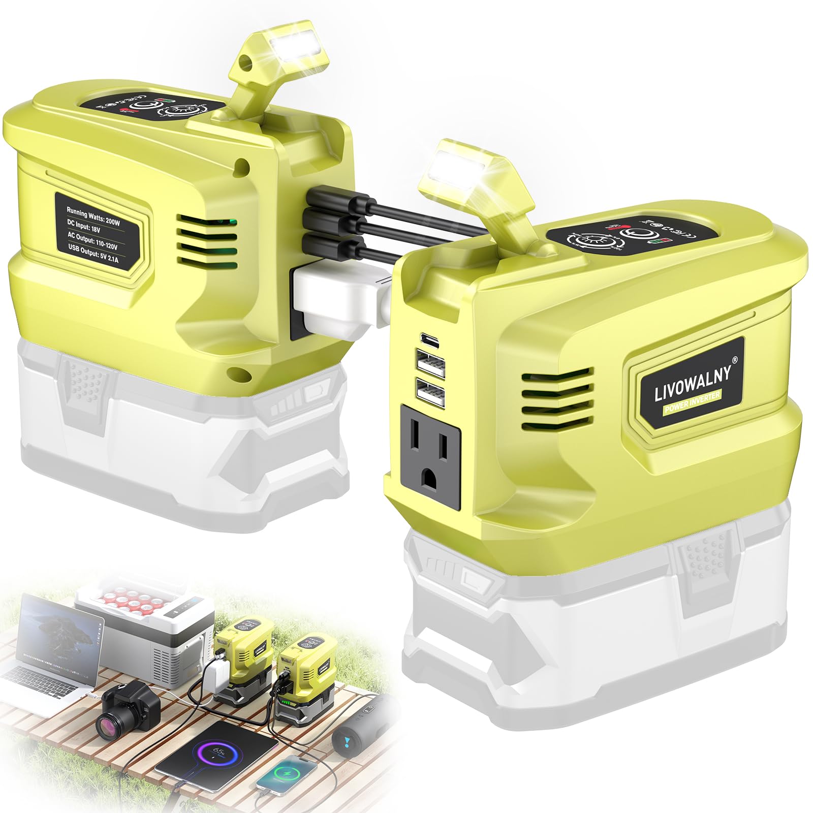 Real 200W Power Inverter Compatible With Dewalt, DC 20V to AC 110-120V Battery Inverter, LIVOWALNY Portable Power Station Generator, Charger Adapter Battery Powered with 2 USB & 1 Type-C & 1 AC Outlet