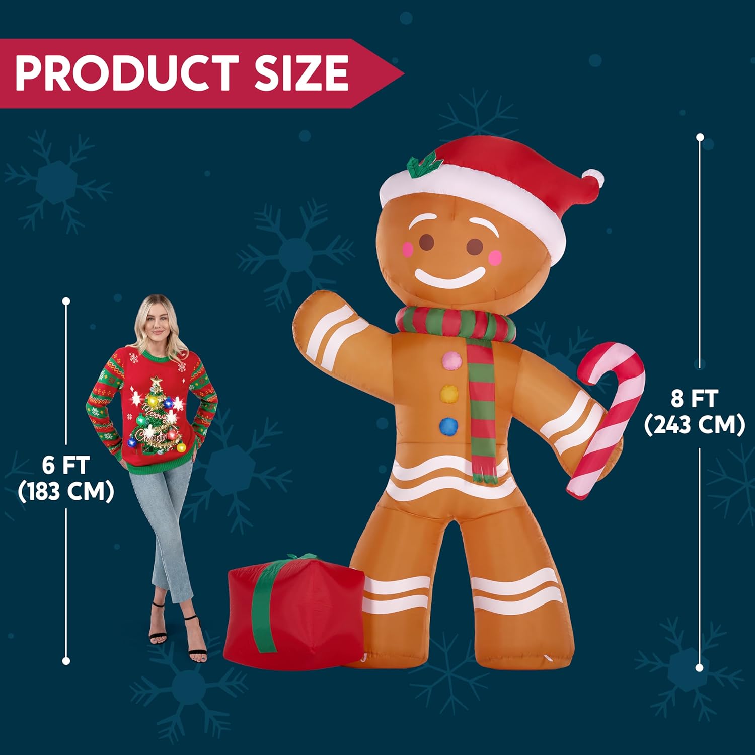 Joiedomi 8 FT Christmas Inflatables Gingerbread Man with Candy Cane, Christmas Blow Ups Gingerbread Inflatable Yard Decoration with Build-in LEDs for Xmas, Party, Outdoor, Yard, Garden, Lawn Décor