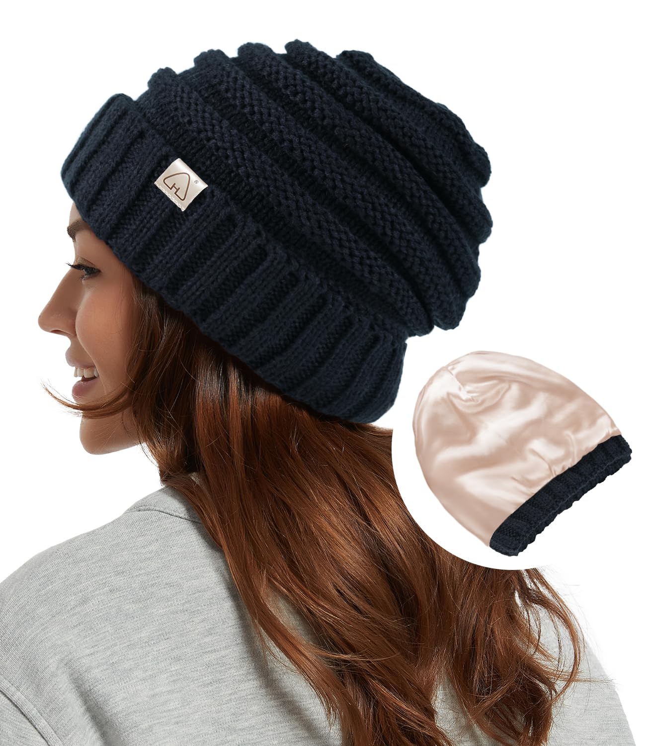 Hat Hut Womens Satin Lined Beanie Winter Hats with Silk Lining for Hair Slouchy Beanie Soft Warm Cable Knit Winter Hat