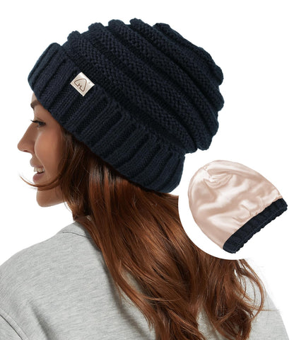Hat Hut Womens Satin Lined Beanie Winter Hats with Silk Lining for Hair Slouchy Beanie Soft Warm Cable Knit Winter Hat