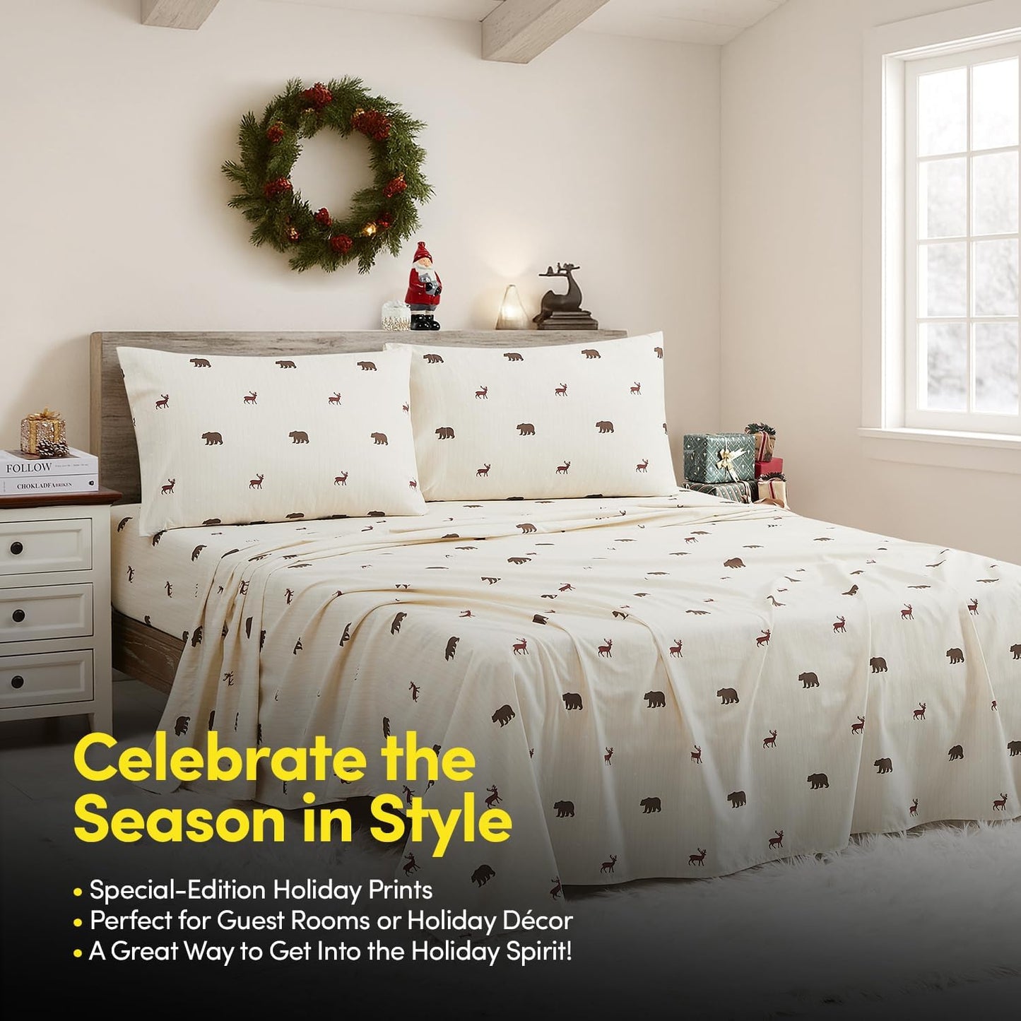 Christmas Sheets King Size with Built‑in Sheet Straps – Cozy Christmas Bedding for Holiday Cheer & Winter Dreams – Soft, Snug Sleep for Seasonal Celebrations, Polar Bear & Reindeer