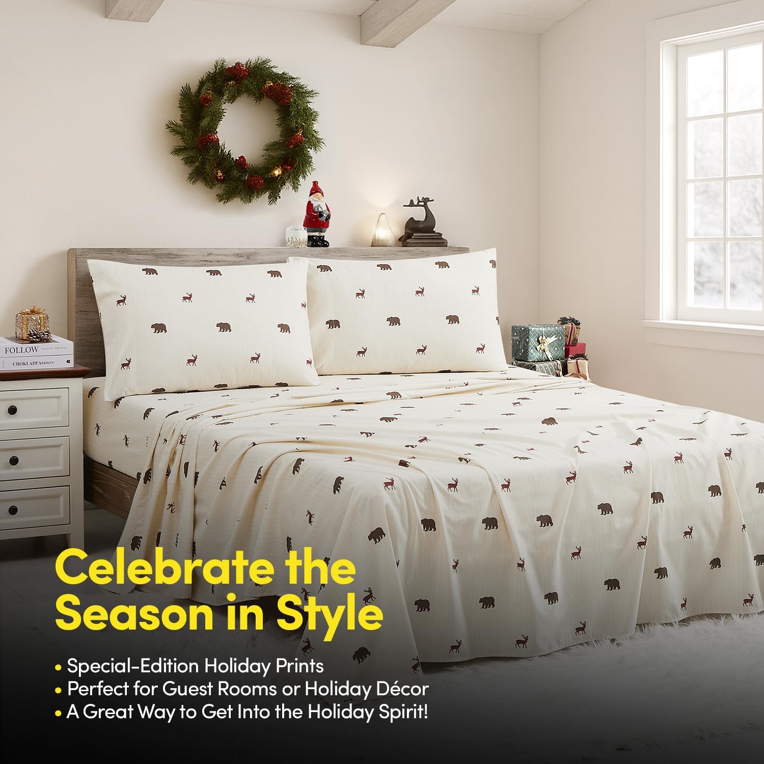 Christmas Sheets King Size with Built‑in Sheet Straps – Cozy Christmas Bedding for Holiday Cheer & Winter Dreams – Soft, Snug Sleep for Seasonal Celebrations, Polar Bear & Reindeer