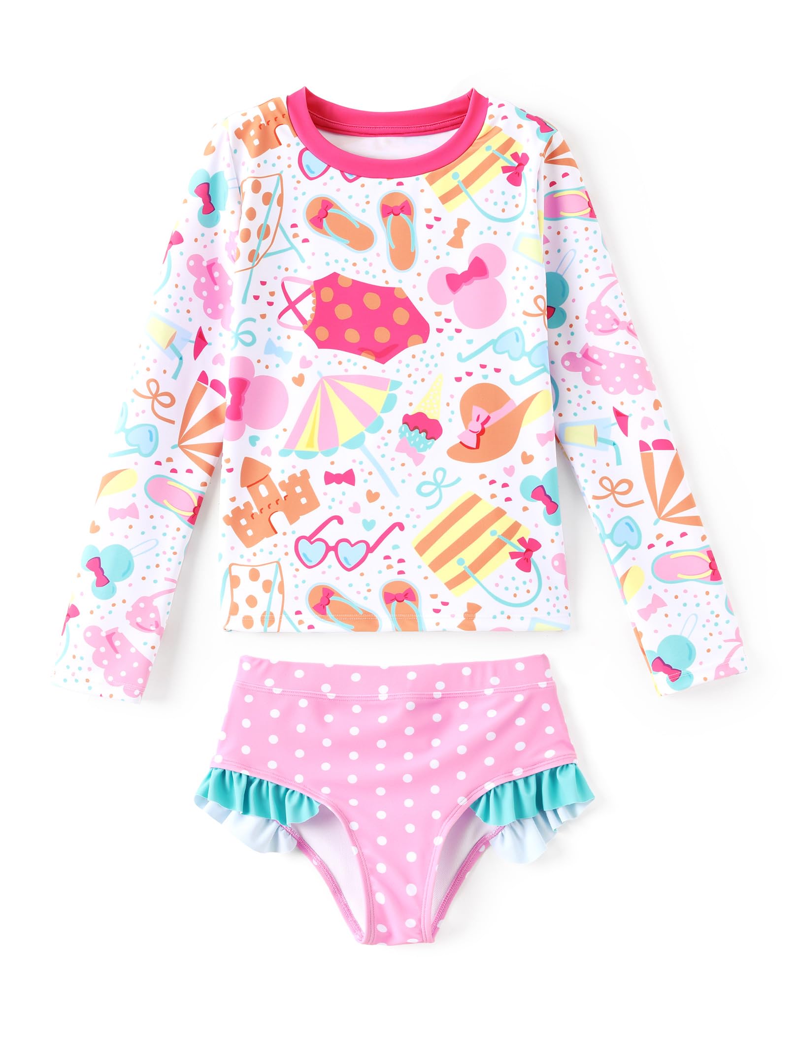 Disney Mickey and Friends Girl Two Piece Long Sleeve Swimsuit Rashguard Bathing Suit