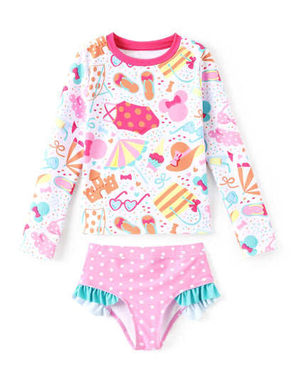 Disney Mickey and Friends Girl Two Piece Long Sleeve Swimsuit Rashguard Bathing Suit