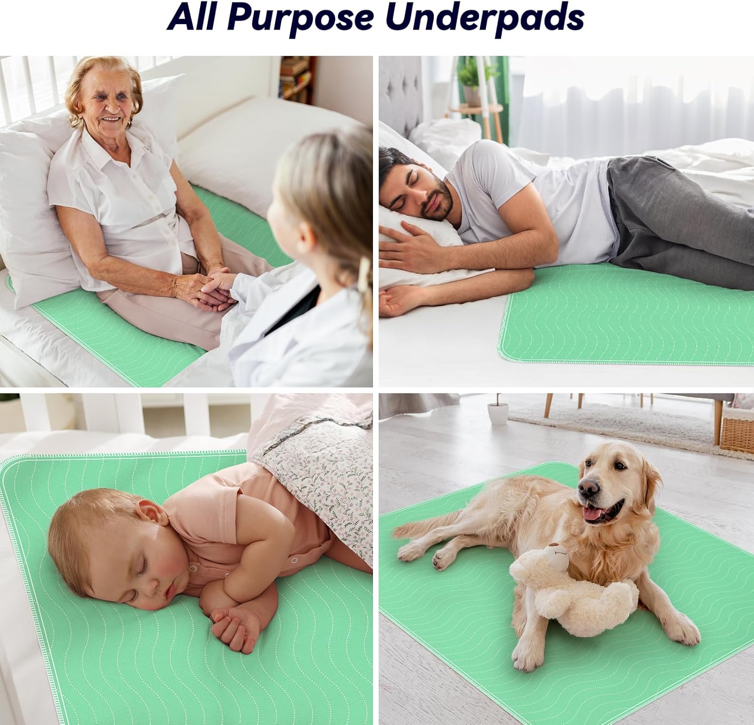4 Pack 36” x 36” Extra Heavy Absorbency Washable Underpads, Waterproof Quick Drying Nursing Incontinence Reusable Washable Bed Pee Pads for Dogs, Diaper Changing & Adults, Green