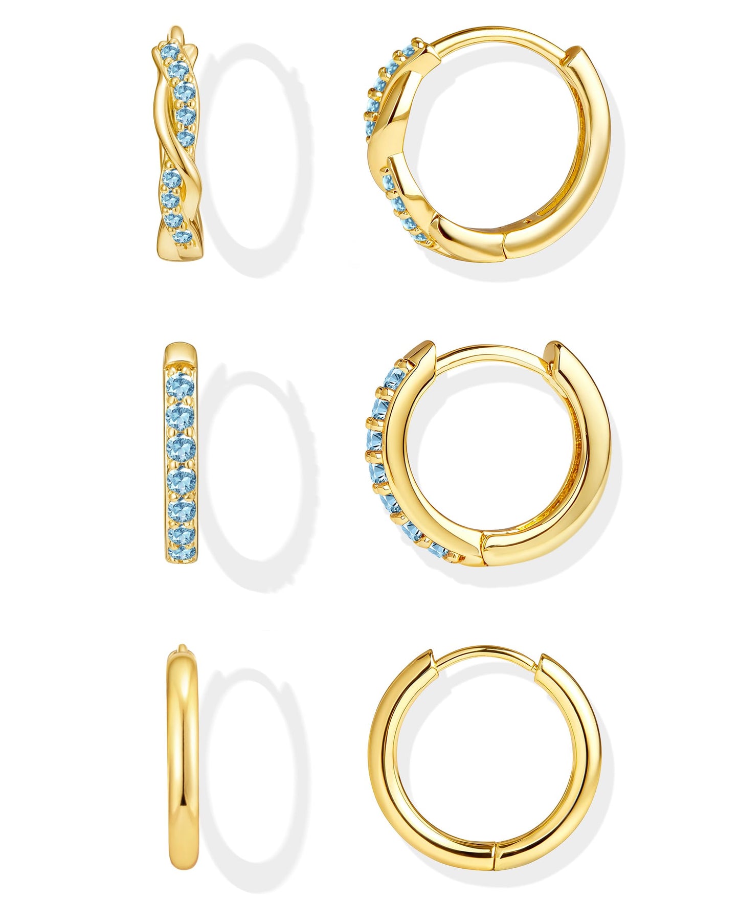 Inerney Gold Huggie Hoop Earrings Set for Women, Dainty Small Sterling Silver Earring Stacks Hypoallergenic Jewelry for Multiple Piercings, Trendy Twisted Cute Cartilage Hoops Birthstone Gift 3 Pairs