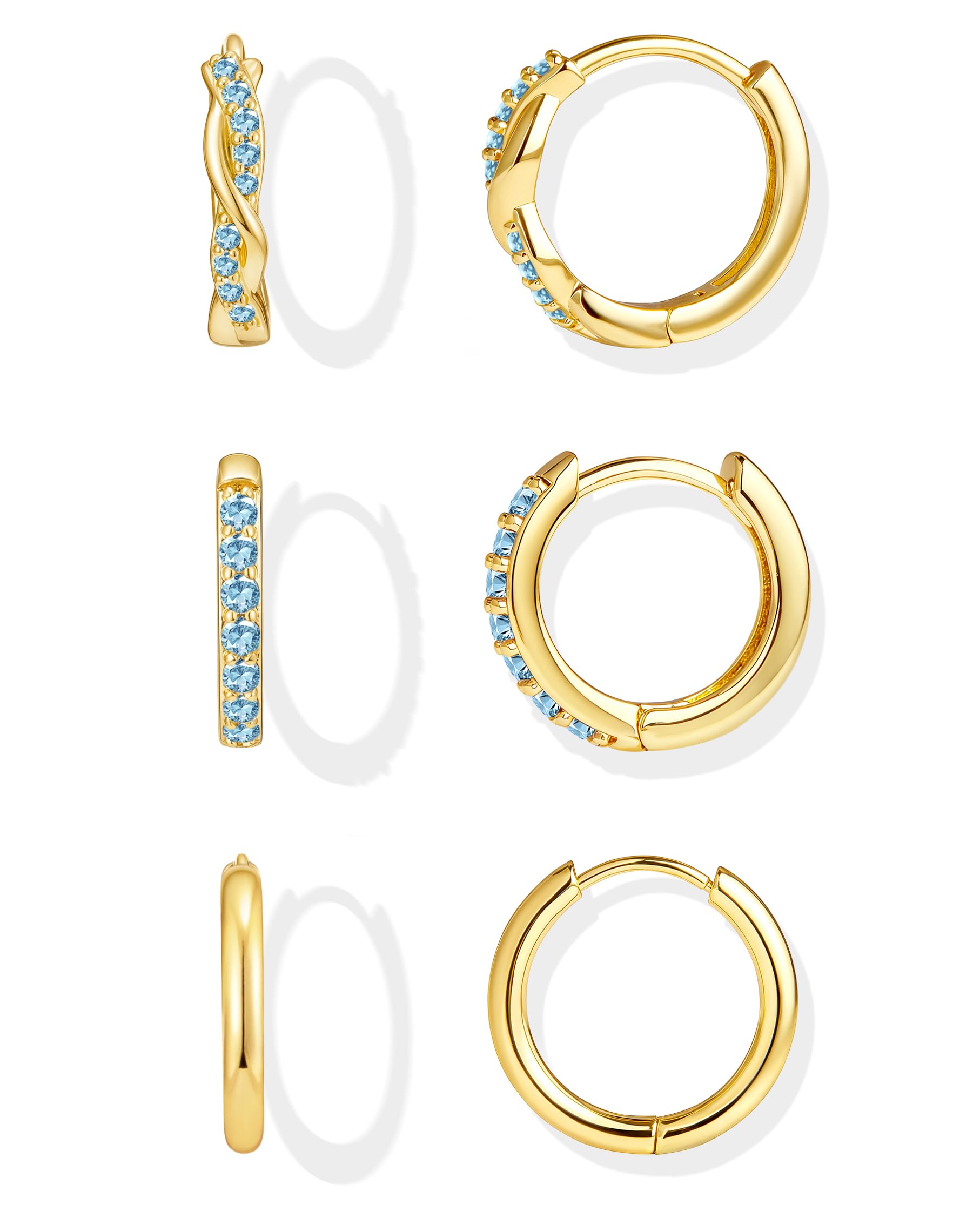 Inerney Gold Huggie Hoop Earrings Set for Women, Dainty Small Sterling Silver Earring Stacks Hypoallergenic Jewelry for Multiple Piercings, Trendy Twisted Cute Cartilage Hoops Birthstone Gift 3 Pairs