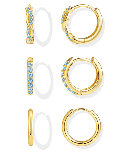 Inerney Gold Huggie Hoop Earrings Set for Women, Dainty Small Sterling Silver Earring Stacks Hypoallergenic Jewelry for Multiple Piercings, Trendy Twisted Cute Cartilage Hoops Birthstone Gift 3 Pairs