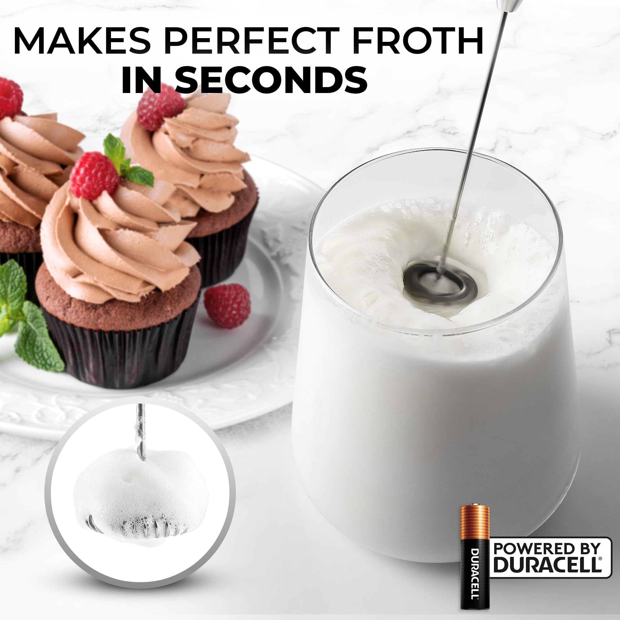 Zulay Kitchen Powerful Milk Frother Wand With 2 Duracell Batteries - Ultra Fast Handheld Drink Mixer - Electric Whisk Foam Maker for Coffee, Lattes, Cappuccino, Matcha, Hot Chocolate & Creamer - Black