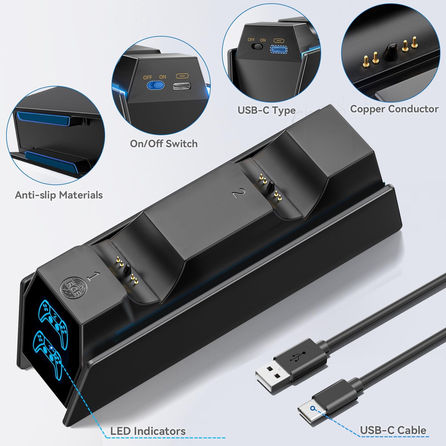 PS 5 Controller Charger Station Compatible with PlayStation 5 Faceplates Edge & Dual Controller, 9 Lightings PS 5 Accessories Charging Station, PS 5 Dock Stand with LED Indicator & On-Off Switch