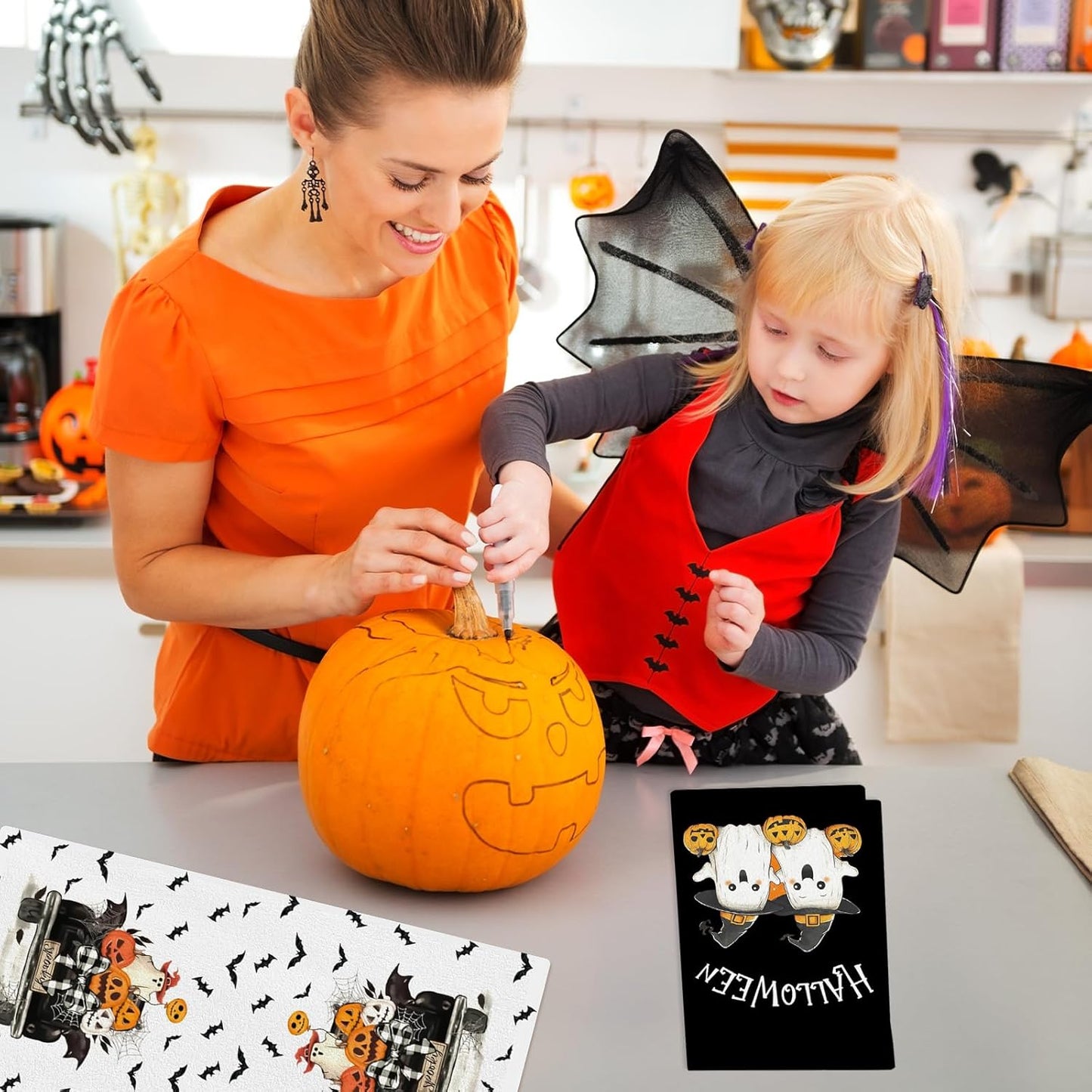 4 Pcs Halloween Kitchen Towels 15.7x23.6 Inches Funny Hand Towels for Bathroom Spooky Boo Ghost Halloween Bathroom Decortions Pumpkin Bat Ghost Truck Dish Cloths Housewarming Gift for Home Wall Decor