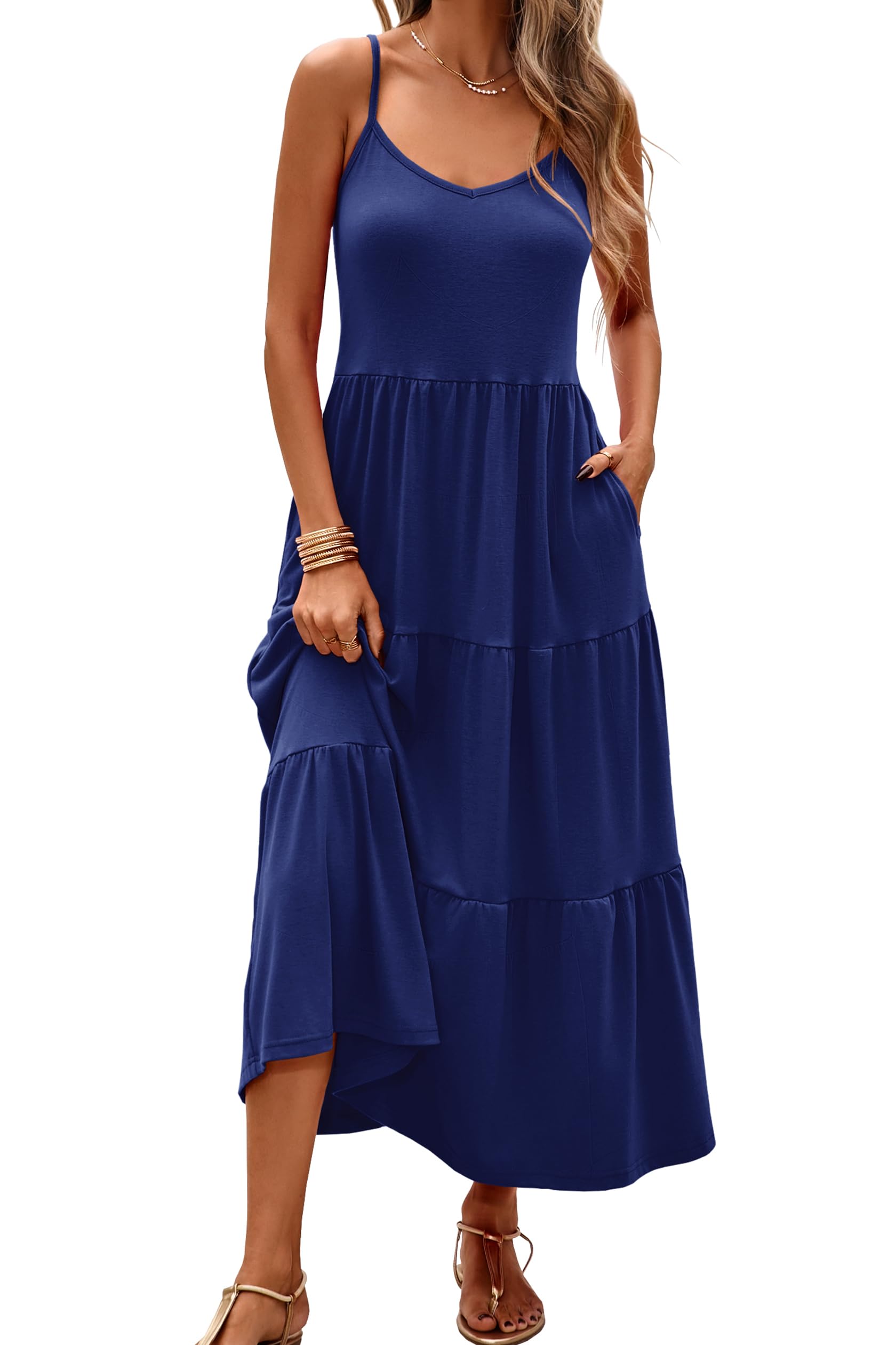Halife Womens Flowy Tiered Maxi Dress Sleeveless Summer Sundresses Adjustable Straps Long Beach Sun Dresses with Pockets