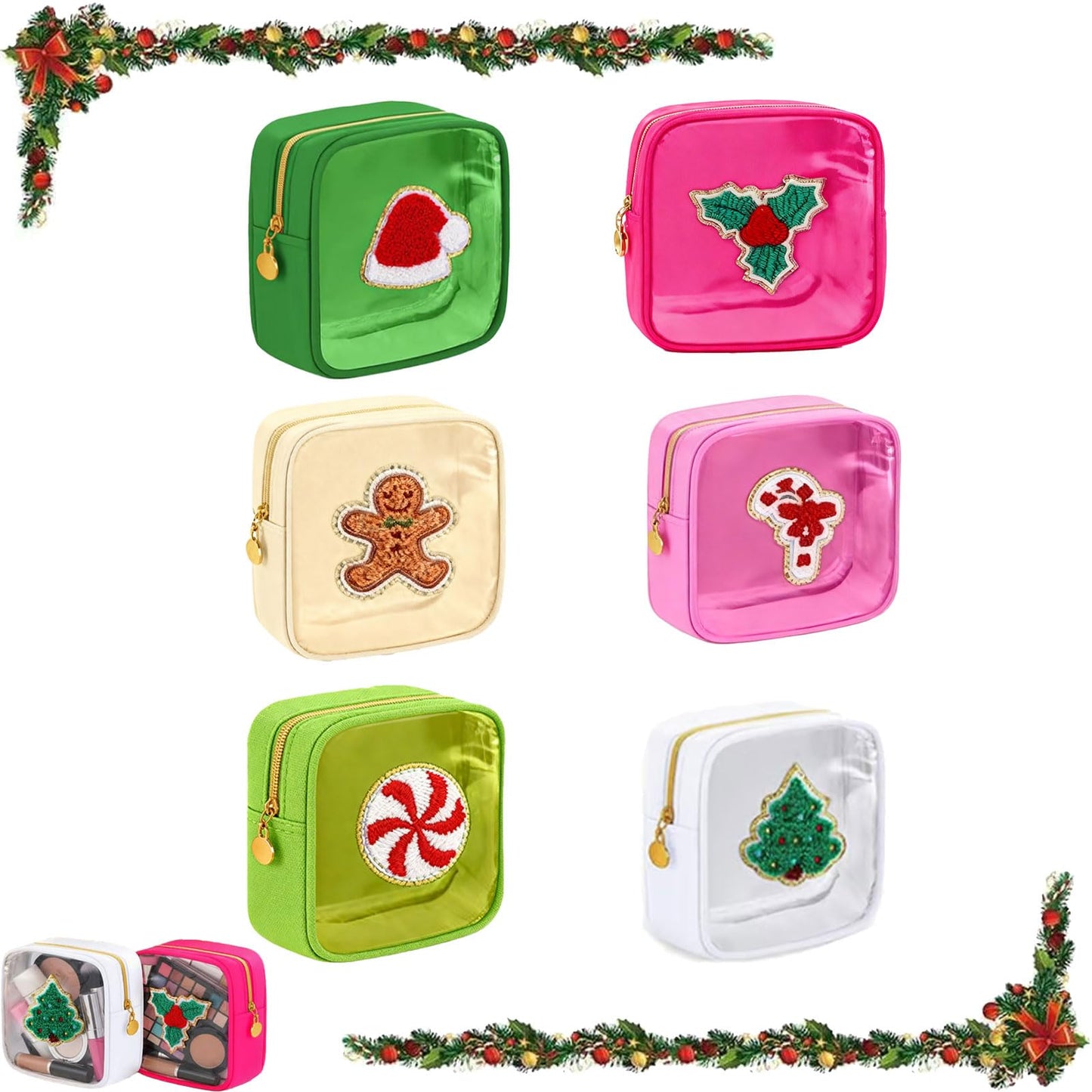 Christmas Makeup Bag, Christmas Preppy Patch Makeup Bags, Mini Zippered Pouch, Skincare Pouch Xmas Zipper Cosmetic Pouchs Preppy Thing for Travel Christma Women Gift (set c)