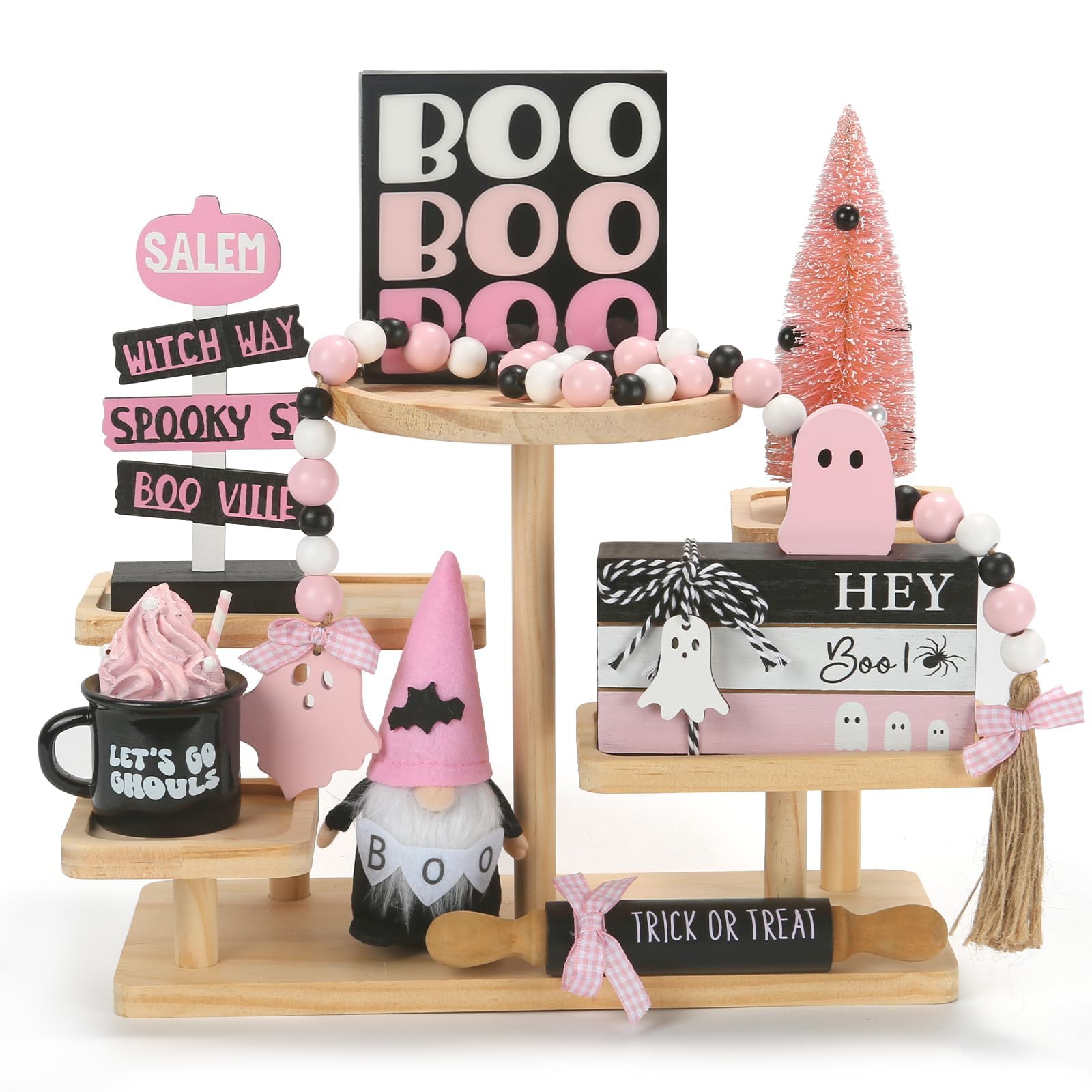 Pink Christmas Decorations 8 PCS Tiered Tray Decor Set, Cute Girlie Tabletop Christmas Decor for Home Shelf Mantel Fireplace Office Desk Coffee Bar Pastel Xmas Holiday Table Centerpieces Tray Objects