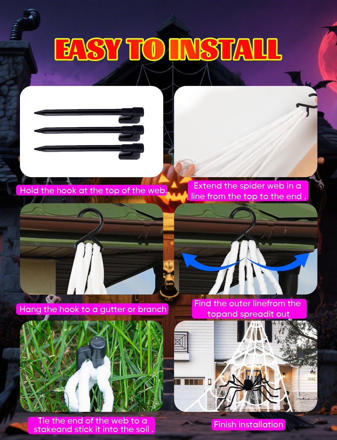 Spider Webs Halloween Decor Lights - 450 LEDs Outdoor Halloween String Lights with 60" Light Up Spider,8 Modes Remote Control 16.4Ft Spiderweb,Waterproof (New Orange-Purple Grid Luminous Net)