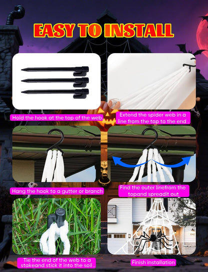 Spider Webs Halloween Decor Lights - 450 LEDs Outdoor Halloween String Lights with 60" Light Up Spider,8 Modes Remote Control 16.4Ft Spiderweb,Waterproof (New Orange-Purple Grid Luminous Net)