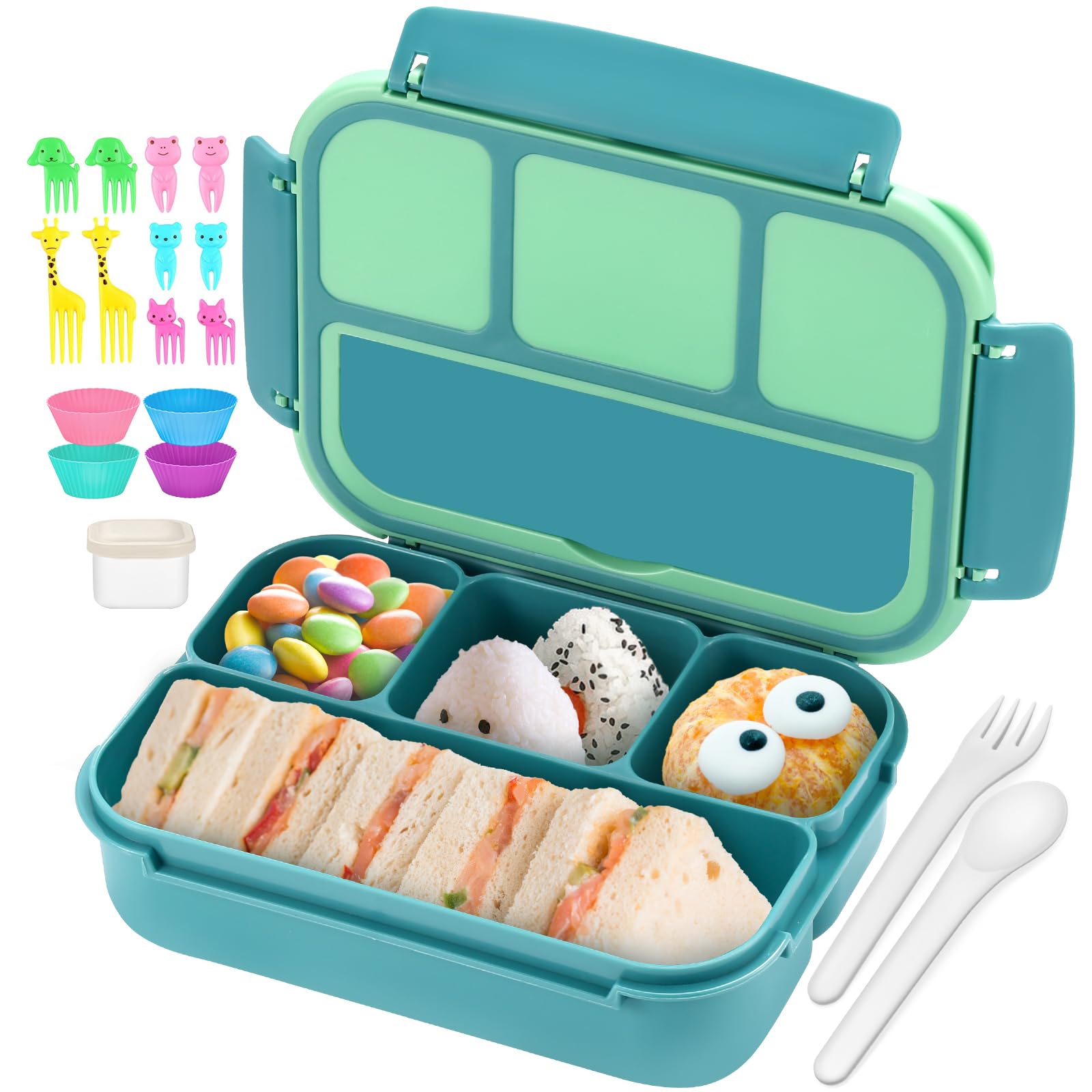 QQKO Bento Lunch Box for Kids Girls Boys, Toddler Kids Lunch Boxes for School, Lunch Containers for Adults with 4 Compartments, Sauce Container, Utensils, Food Picks and Muffin Cups, Purple