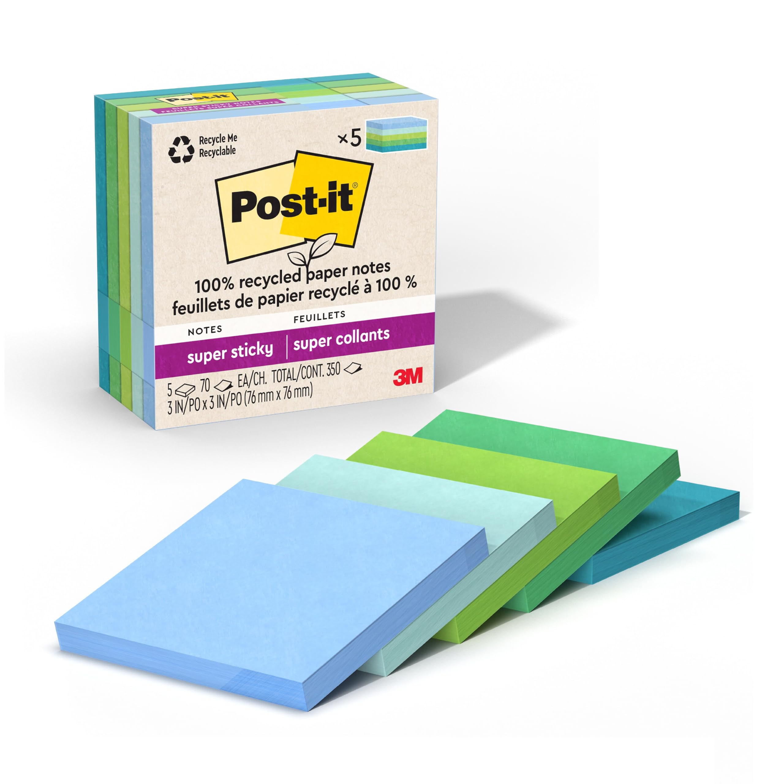 Post-it 100% Recycled Paper Super Sticky Notes, 2X The Sticking Power, 3x3 in, 5 Pads, 70 Sheets/Pad, Wanderlust Pastels Collection (654R-5SSNRP)