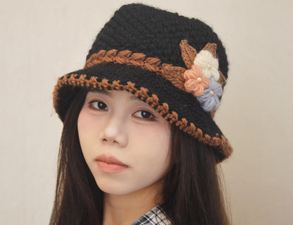 French Thicken Women's Flowers Knitted-Woolen-Hat Fashion Beanie-Hat Lady Crochet-Bucekt-Hat for Winter
