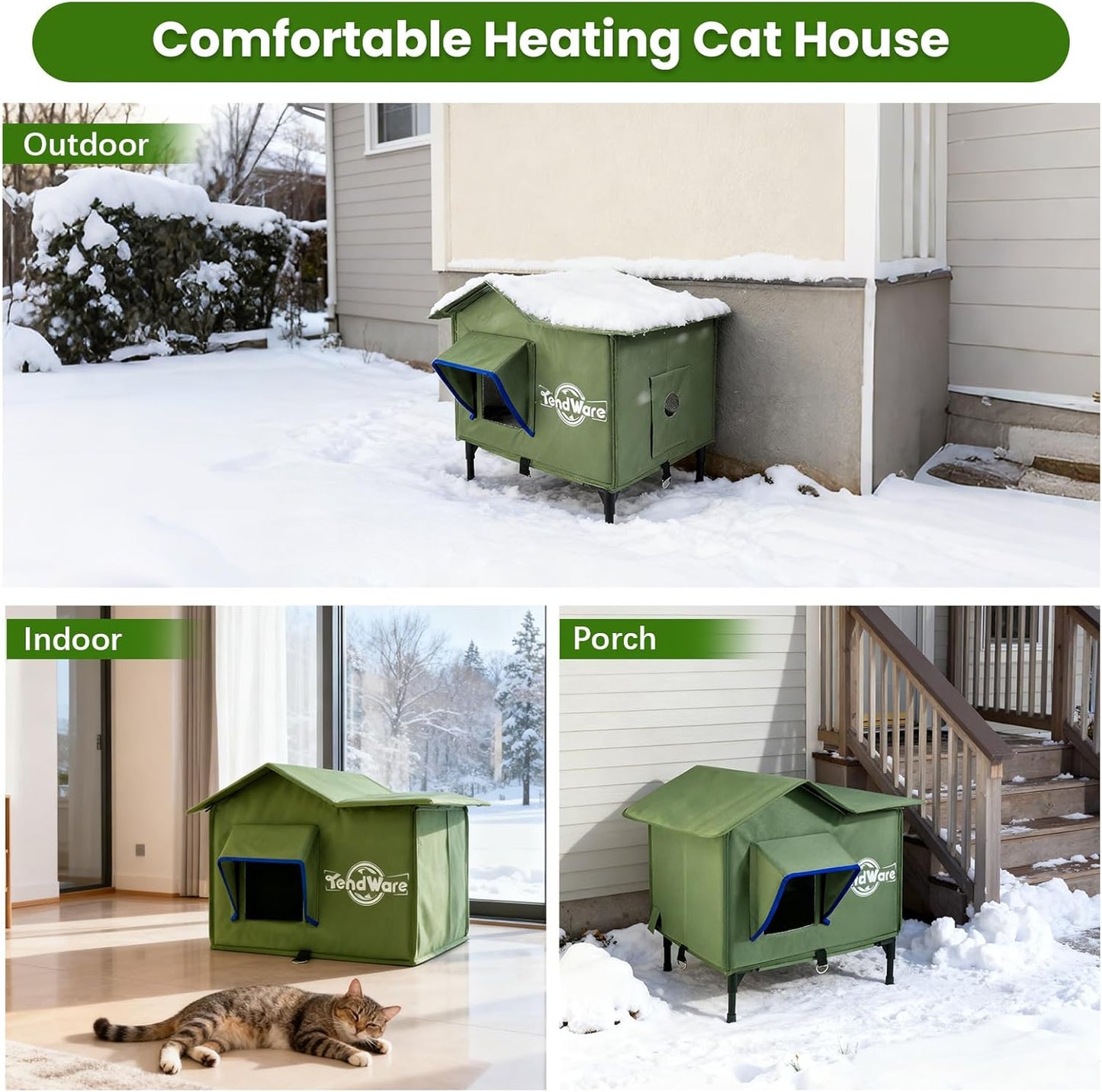 Outdoor Cat House Heated Cat House for Outside with Elevated Base Cat-Attracting Eave Design Feral Stray Shelter Weatherproof in Winter Garage Yard Porch Size M