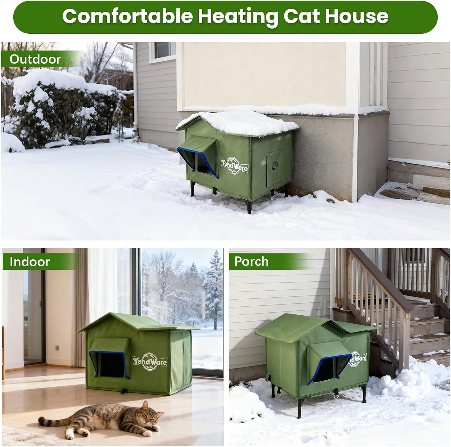 Outdoor Cat House Heated Cat House for Outside with Elevated Base Cat-Attracting Eave Design Feral Stray Shelter Weatherproof in Winter Garage Yard Porch Size M