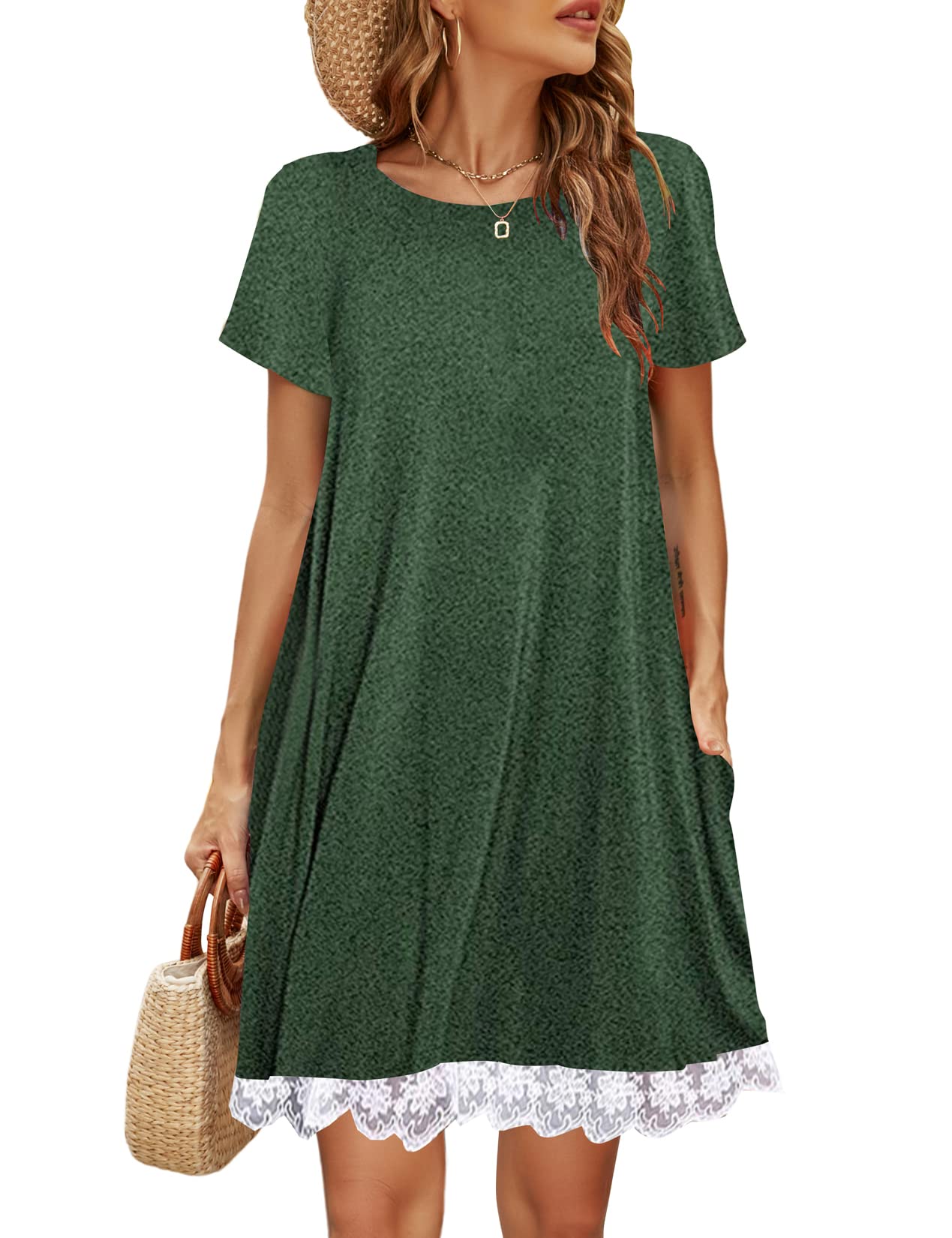 Halife Womens Summer Casual Tshirt Dress Loose Lace Hem Short Sleeve Beach Sundresses with Pockets
