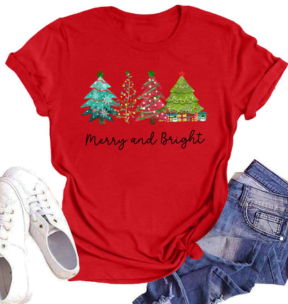 Believe Christmas Shirt for Women Christmas Tree Graphic T-Shirts Believe Letter Print Tees Holiday Tops