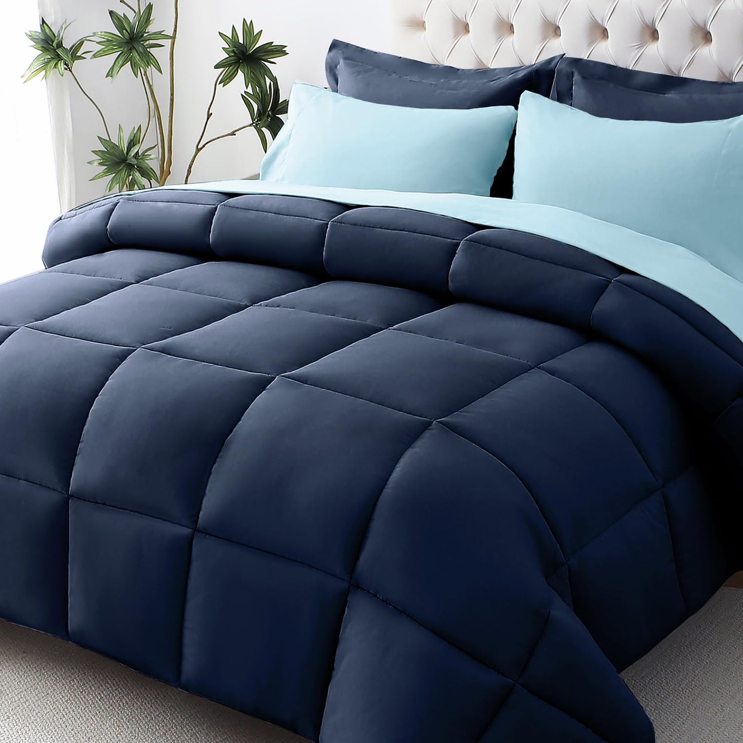 JOLLYVOGUE Queen Comforter Set, Ultra-Soft Bed in a Bag Queen Size 7 Pieces, Oeko-TEX Certified Bedding Set with Down Alternative Comforter, Sheets, Pillowcases & Shams, Black