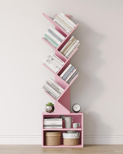 SUNMORY 6 Tier Tree Bookshelf, Small Bookcase with Storage Cabinet, Modern Tall Narrow Bookshelves Organizer, Floor Standing Book Shelf for Bedroom/Living Room/Home Office/Corner, Rustic Brown