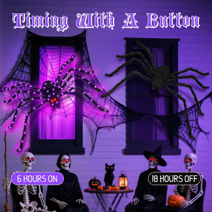 Halloween Spider Lights with Timer 73 LED Giant Fuzzy Spider Halloween Decor for Indoor Outdoor Halloweens Decorations Yard Porch Haunted House Scary Spider Web Display