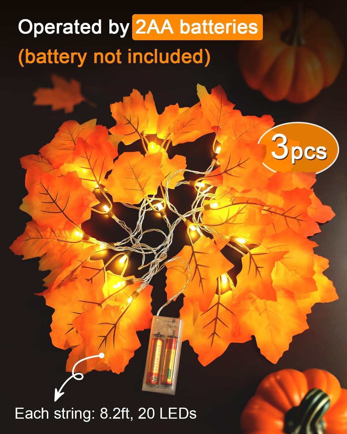 Luditek Fall Decor 3-Pack Fall Leaf Garland with Lights, Total 24.6ft 60 LED Halloween String Lights, Thanksgiving Decorations for Home Holiday Autumn Indoor Friendsgiving Gift