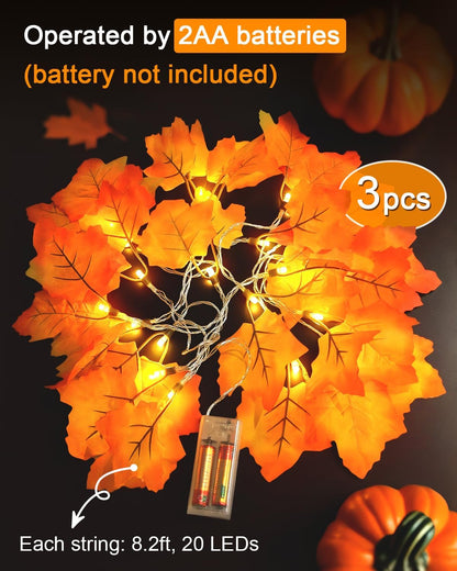 Luditek Fall Decor 3-Pack Fall Leaf Garland with Lights, Total 24.6ft 60 LED Halloween String Lights, Thanksgiving Decorations for Home Holiday Autumn Indoor Friendsgiving Gift