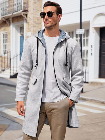 ZIWOCH Mens Trench Coat Wool Blend Hoodie Long Jacket Full Zip Winter Classic Business Overcoat