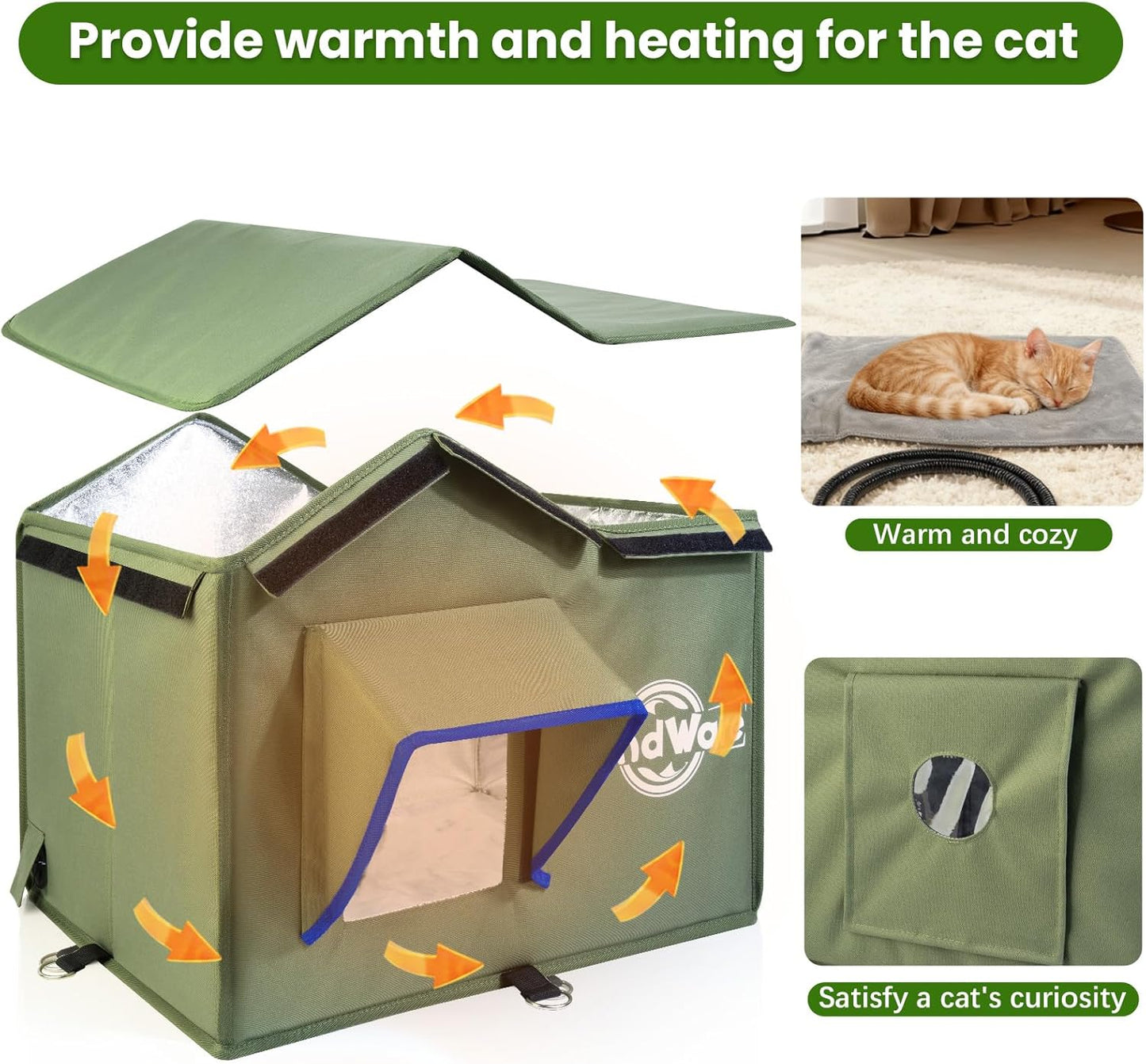 Outdoor Cat House Heated Cat House for Outside with Elevated Base Cat-Attracting Eave Design Feral Stray Shelter Weatherproof in Winter Garage Yard Porch Size M