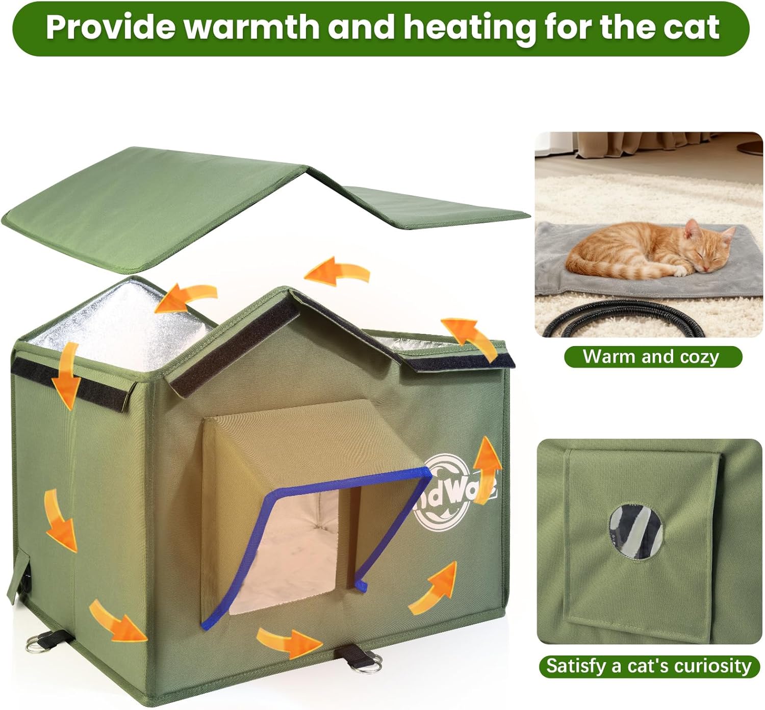 Outdoor Cat House Heated Cat House for Outside with Elevated Base Cat-Attracting Eave Design Feral Stray Shelter Weatherproof in Winter Garage Yard Porch Size M