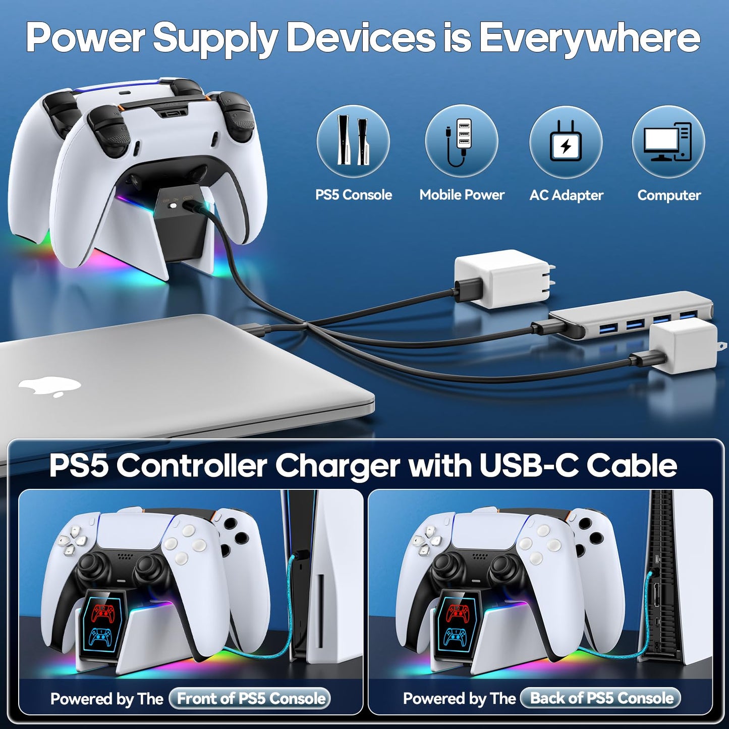 PS 5 Controller Charger Station Compatible with PlayStation 5 Faceplates Edge & Dual Controller, 9 Lightings PS 5 Accessories Charging Station, PS 5 Dock Stand with LED Indicator & On-Off Switch