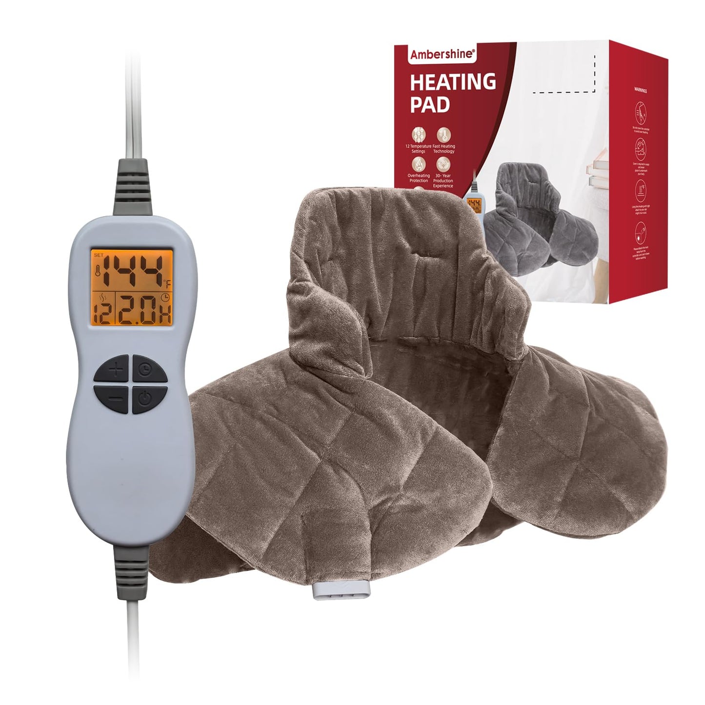 Ambershine 26"x35" XXXL King Size Neck& Shoulder& Back Heating Pad with 12 Temperature Settings& 4 Auto-Off Countdown Timers, Pain Relief for Back/Neck/Shoulder, Christmas gift for mom dad (Dark Gray)
