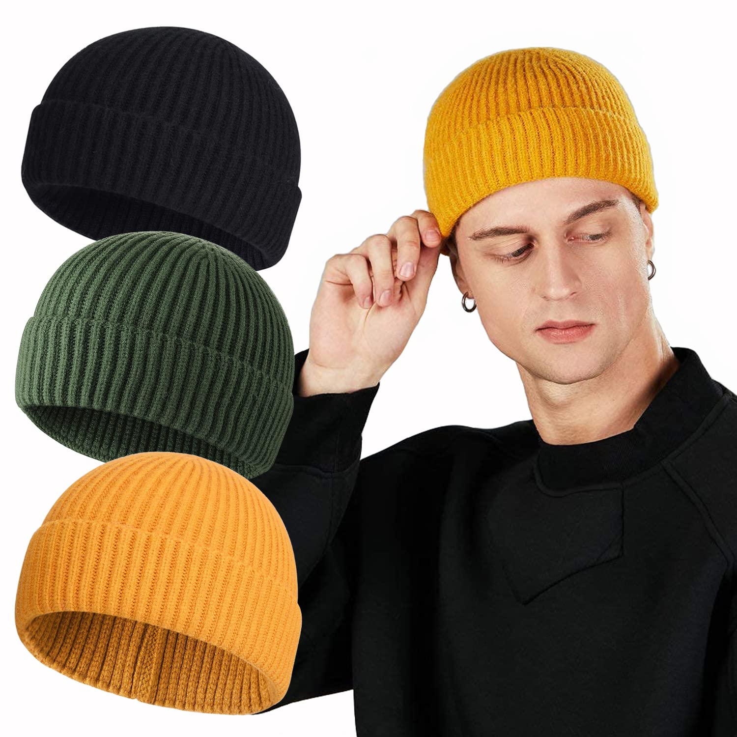 ROYBENS Swag Wool Knit Cuff Short Fisherman Beanie for Men Women, Winter Warm Hats