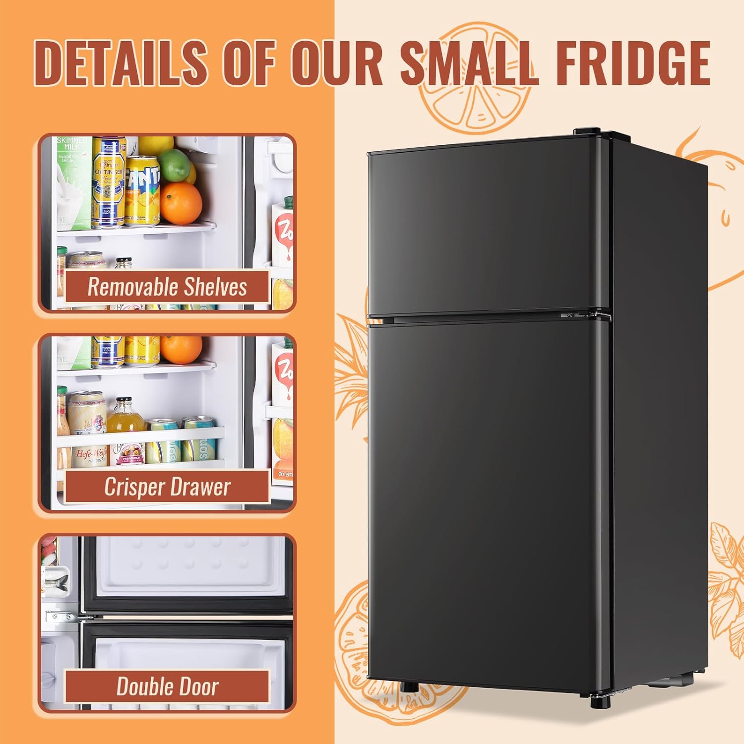 2.4 Cu.ft Mini Fridge with Double Doors Small Refrigerator with Separate Freezer & 7 Adjustable Temperature Control, Tiny Size & Personal Fridge Ideal for Office Apartment Dorm Dark Grey