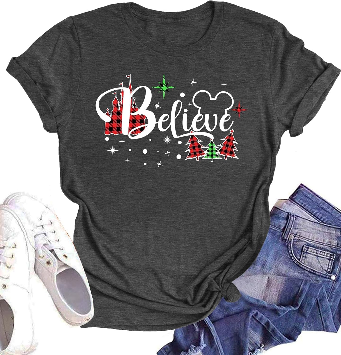 Believe Christmas Shirt for Women Christmas Tree Graphic T-Shirts Believe Letter Print Tees Holiday Tops