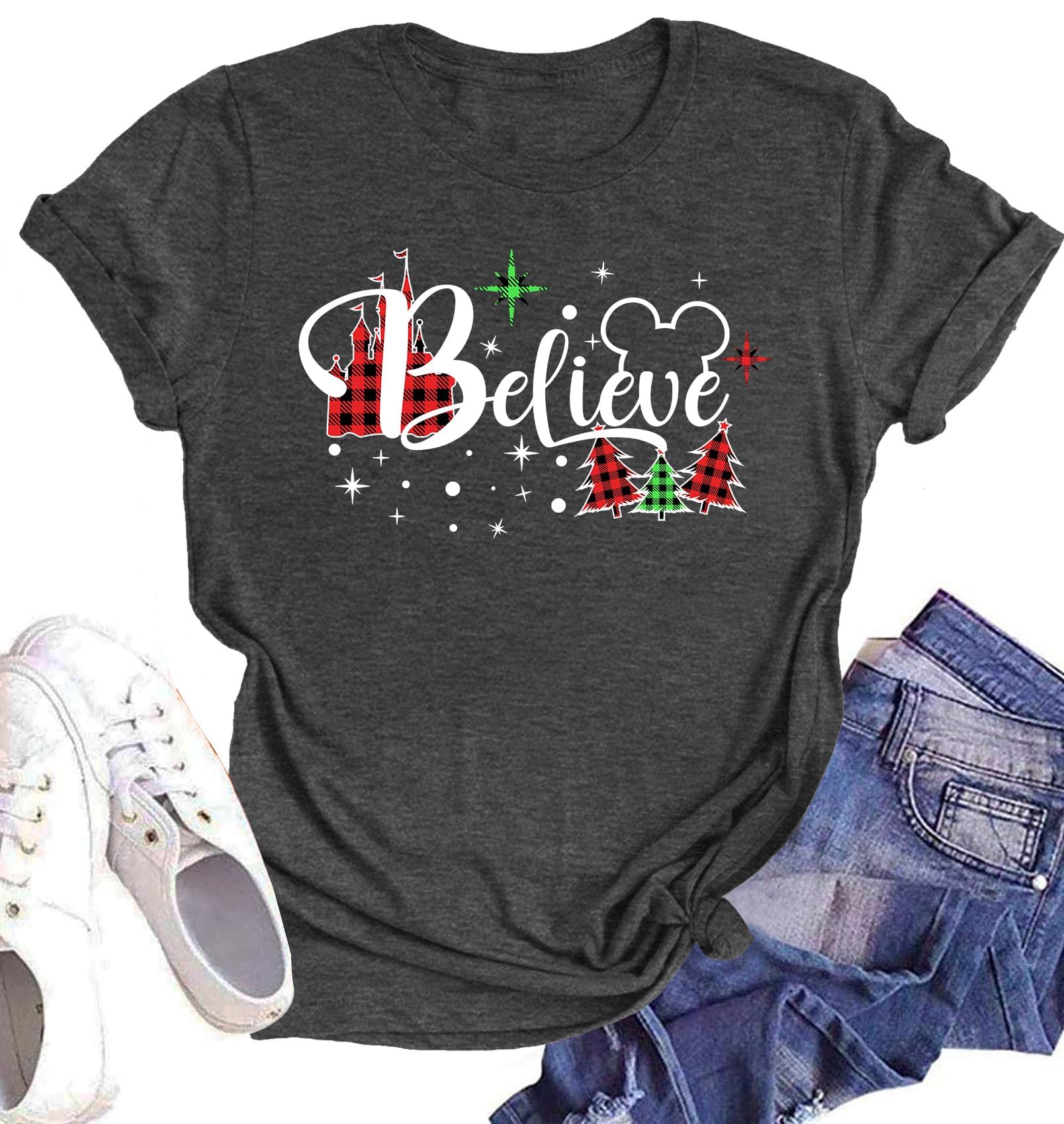 Believe Christmas Shirt for Women Christmas Tree Graphic T-Shirts Believe Letter Print Tees Holiday Tops
