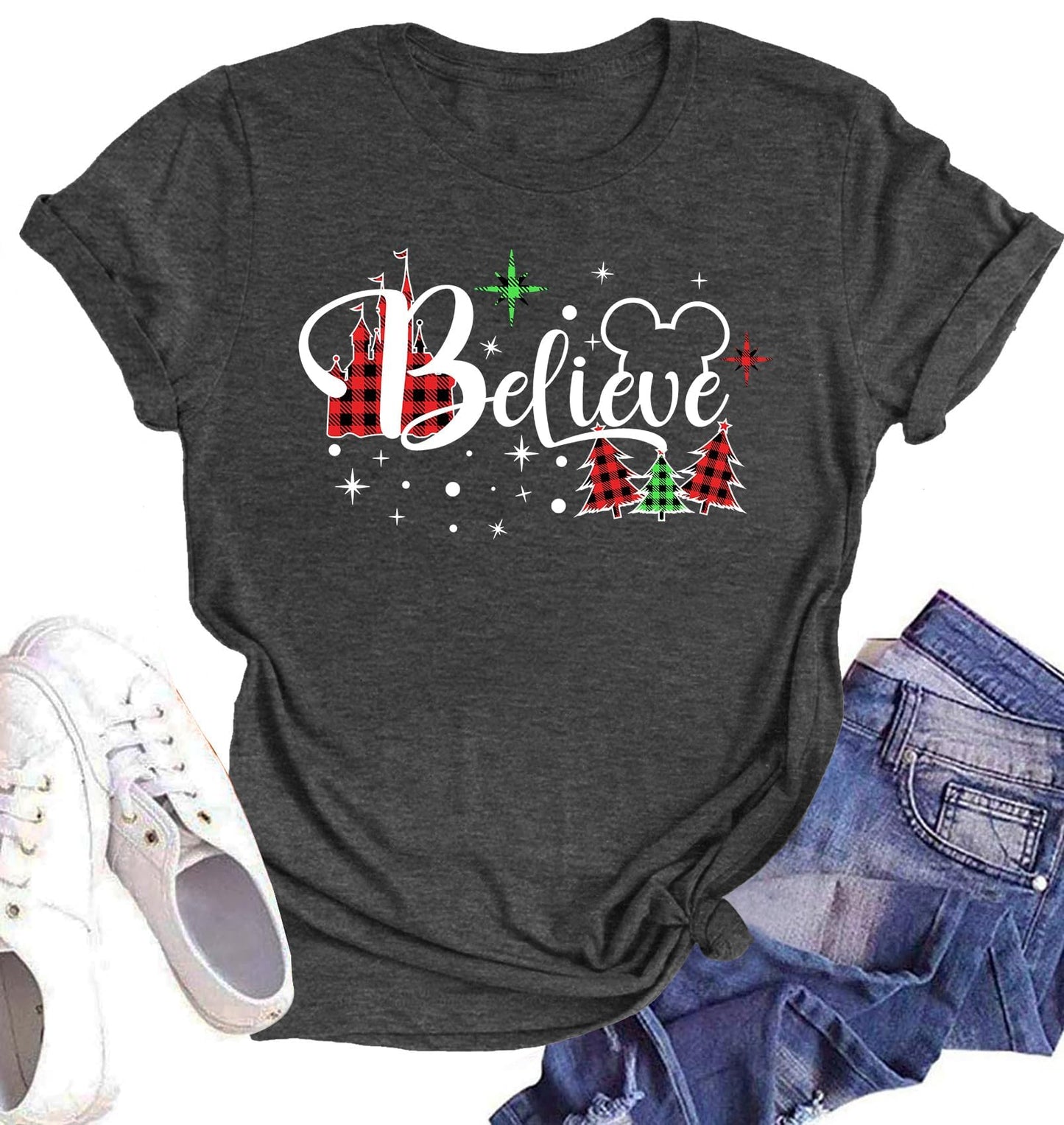 Believe Christmas Shirt for Women Christmas Tree Graphic T-Shirts Believe Letter Print Tees Holiday Tops