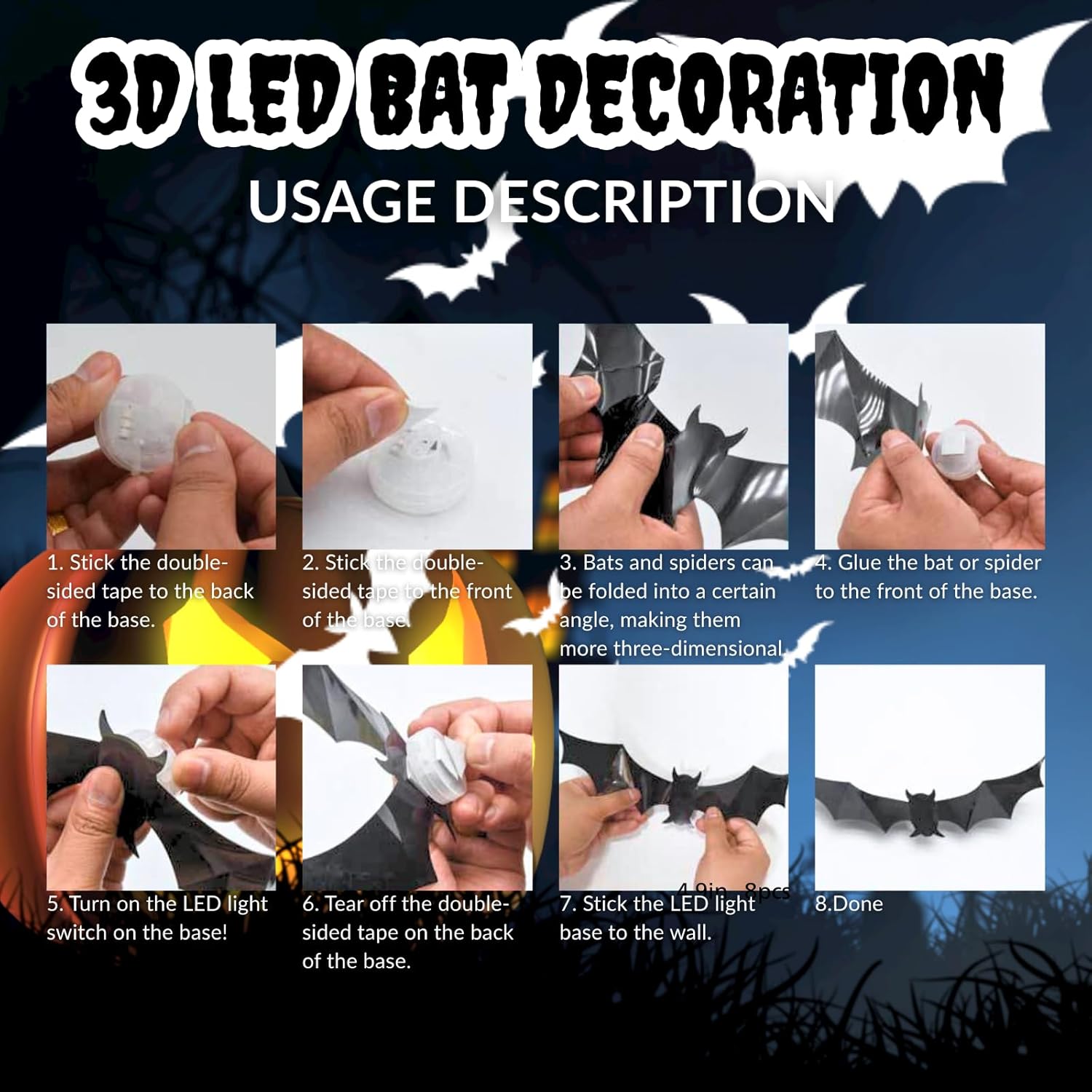 3D LED Halloween Wall Decor – Light-Up Bat & Spider Stickers for Haunted House, Home, Bar & Spooky Party Decorations (12 Bats + 9 Spiders)