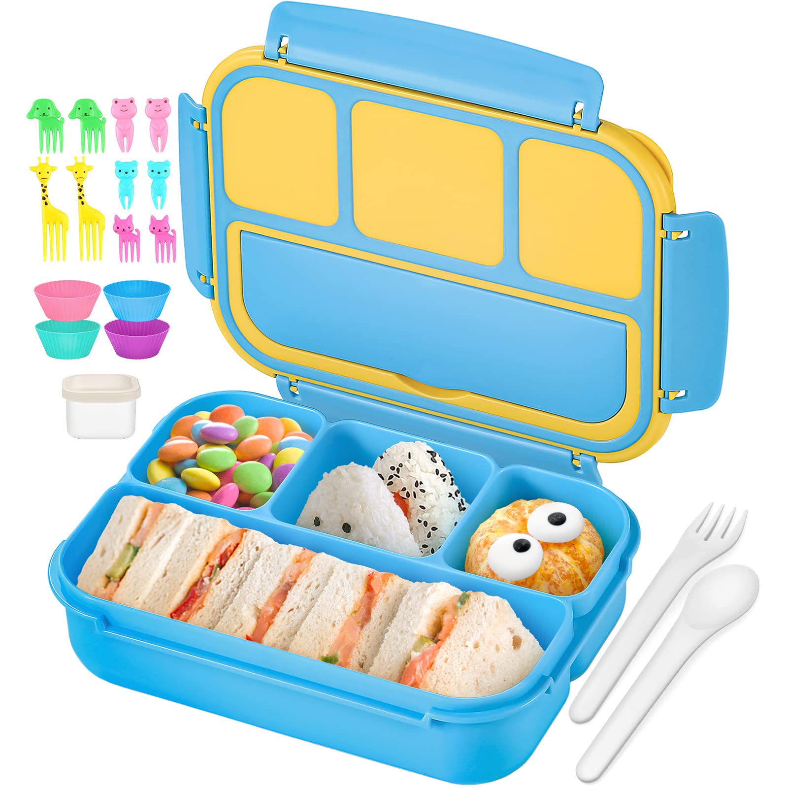 QQKO Bento Lunch Box for Kids Girls Boys, Toddler Kids Lunch Boxes for School, Lunch Containers for Adults with 4 Compartments, Sauce Container, Utensils, Food Picks and Muffin Cups, Purple