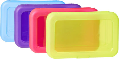 Amazon Basics 4-Pack Large Pencil Cases - Durable Plastic School Supply Pencil Box - Multi-Color Student Organization Cases for Office, College & Classroom Supplies
