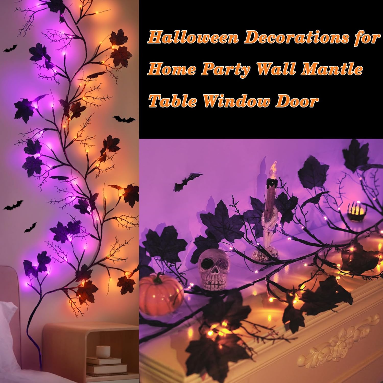 9 FT 72 LED Halloween Decorations Willow Vine Twig Decor with Orange Purple Lights and Dead Branches Black Leaves -Battery Operated 8 Modes for Indoor Wall Fireplace Halloween Decorations