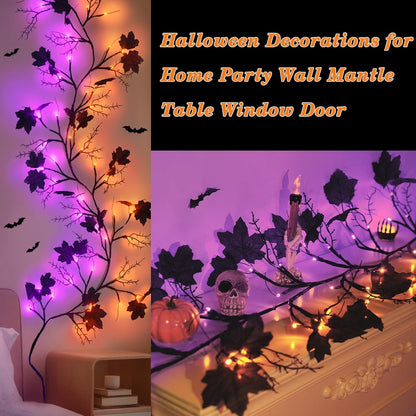 9 FT 72 LED Halloween Decorations Willow Vine Twig Decor with Orange Purple Lights and Dead Branches Black Leaves -Battery Operated 8 Modes for Indoor Wall Fireplace Halloween Decorations
