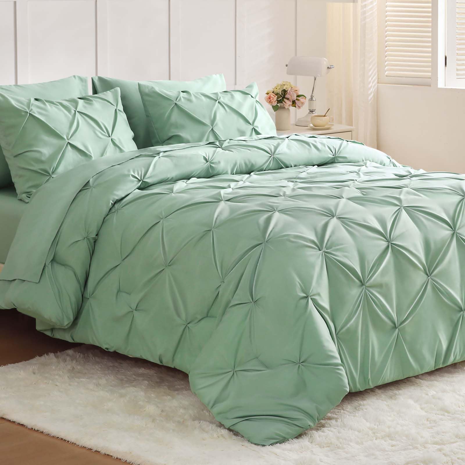 JOLLYVOGUE Queen Comforter Set 7 Pieces - Bed in a Bag Queen for All Season, Pintuck Bedding Comforter Sets with Comforter, Flat Sheet, Fitted Sheet and Pillowcases & Shams, Black