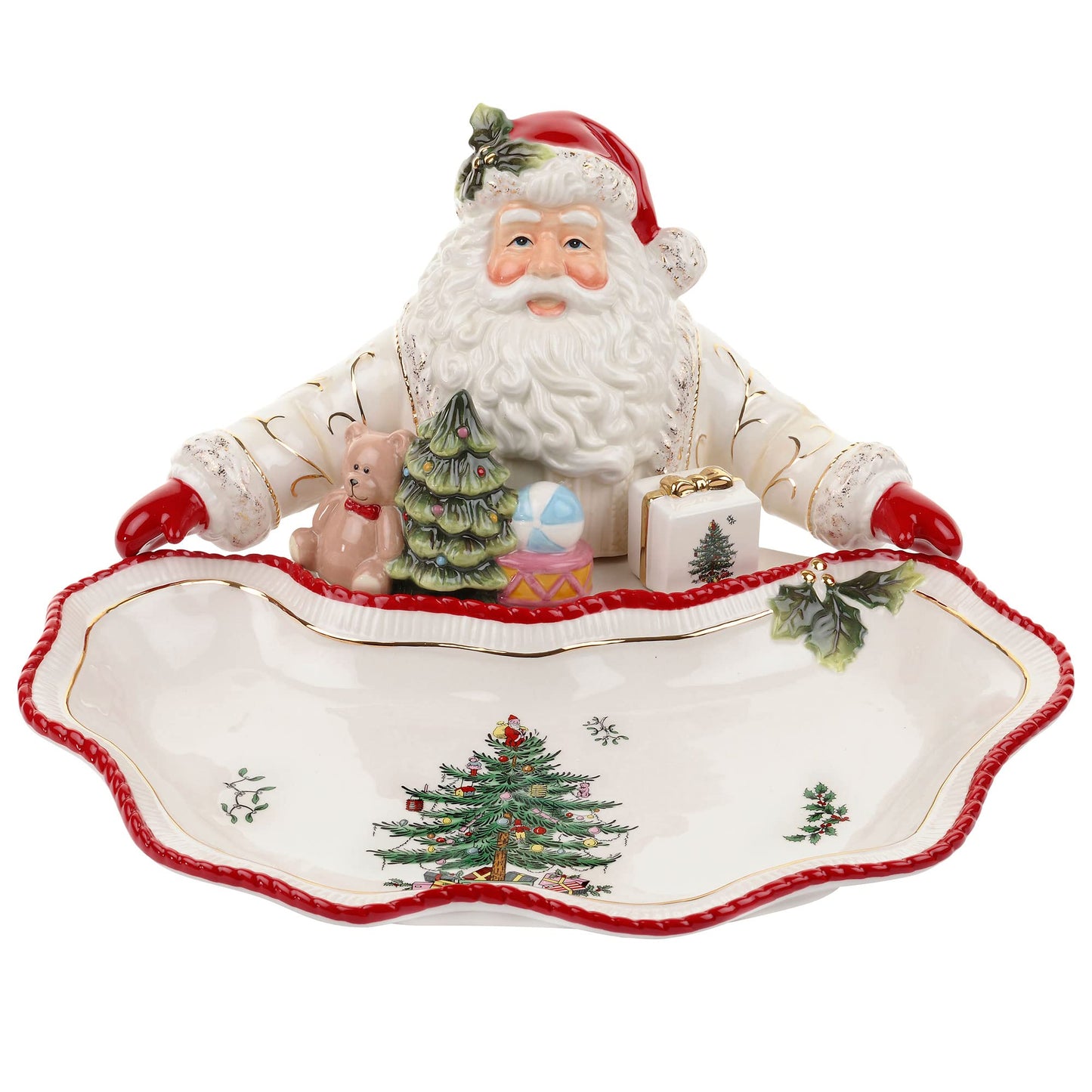 Spode Christmas Tree Ribbons Canape Platter - 6.5-Inch Holiday Serving Plate for Desserts, Appetizers, and Treats - Festive Earthenware Christmas Dinnerware with Gold Accents - Dishwasher Safe