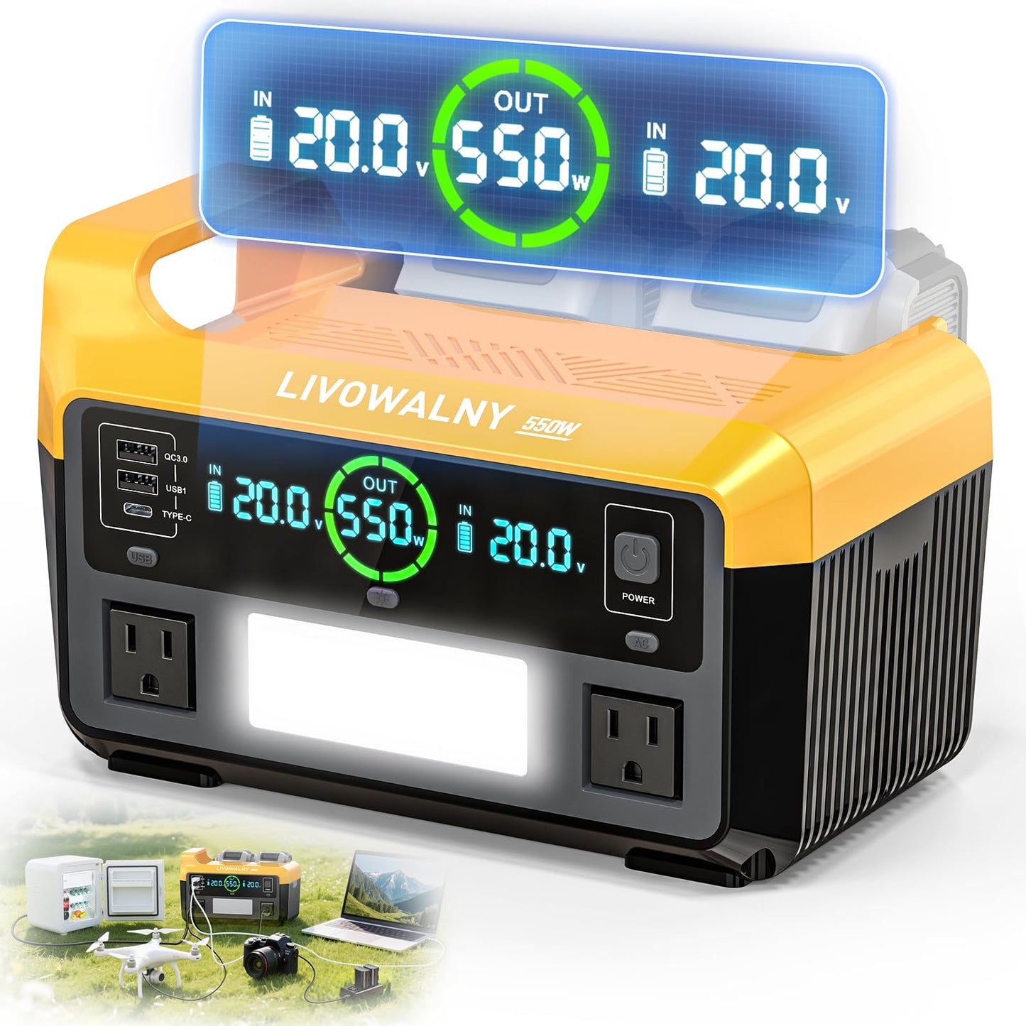 Real 200W Power Inverter Compatible With Dewalt, DC 20V to AC 110-120V Battery Inverter, LIVOWALNY Portable Power Station Generator, Charger Adapter Battery Powered with 2 USB & 1 Type-C & 1 AC Outlet